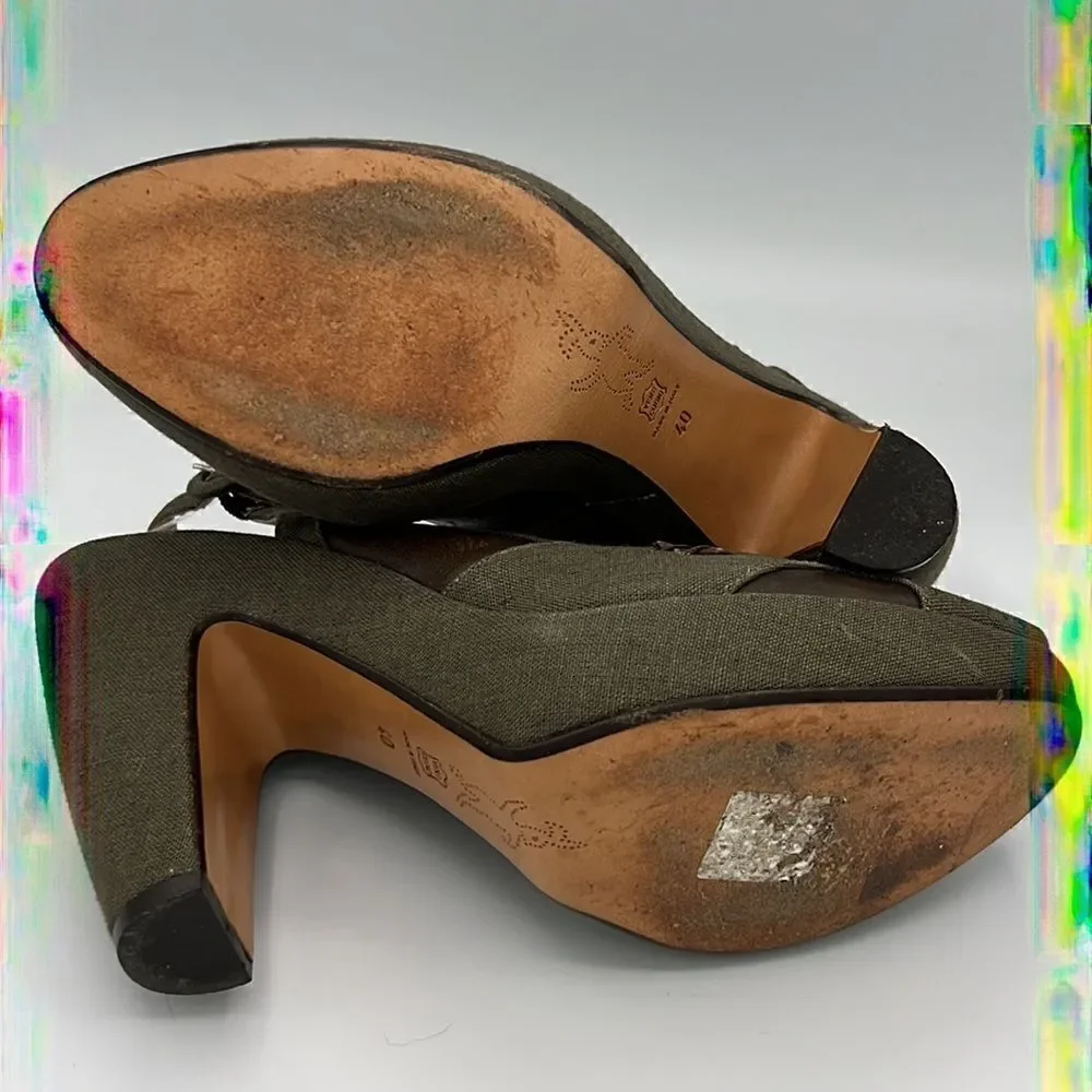 Marni Green Canvas & Brown Leather Peep Toe Slingback Platform Heels EU 40 US 10
